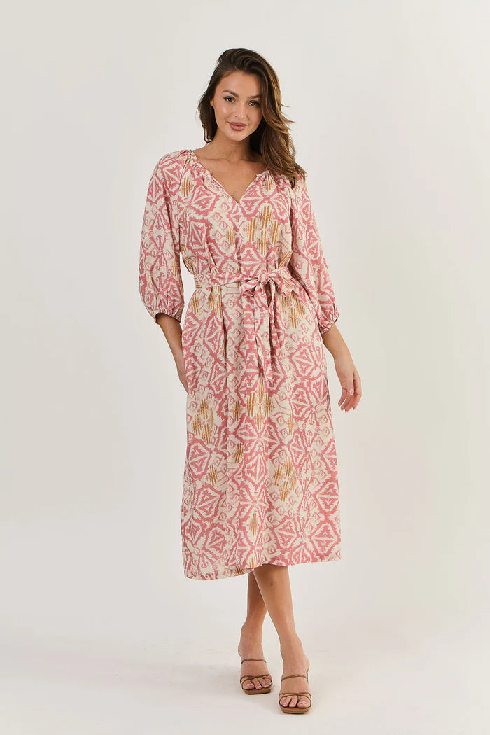 Midi Length Linen Dress - Ikat