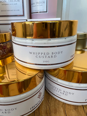 whipped scented body cream in jar with gold lid