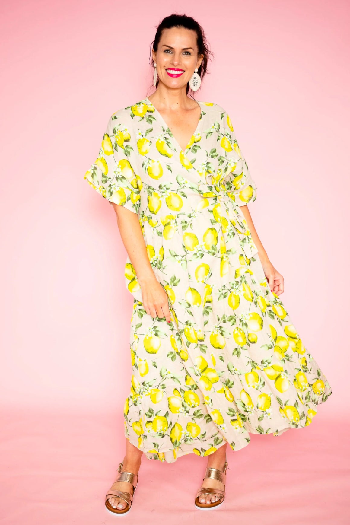 linen wrap dress with yellow lemon pattern printed all over