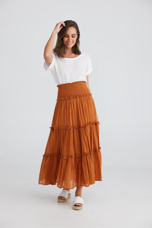copper coloured cotton maxi skirt with wide elastic waist