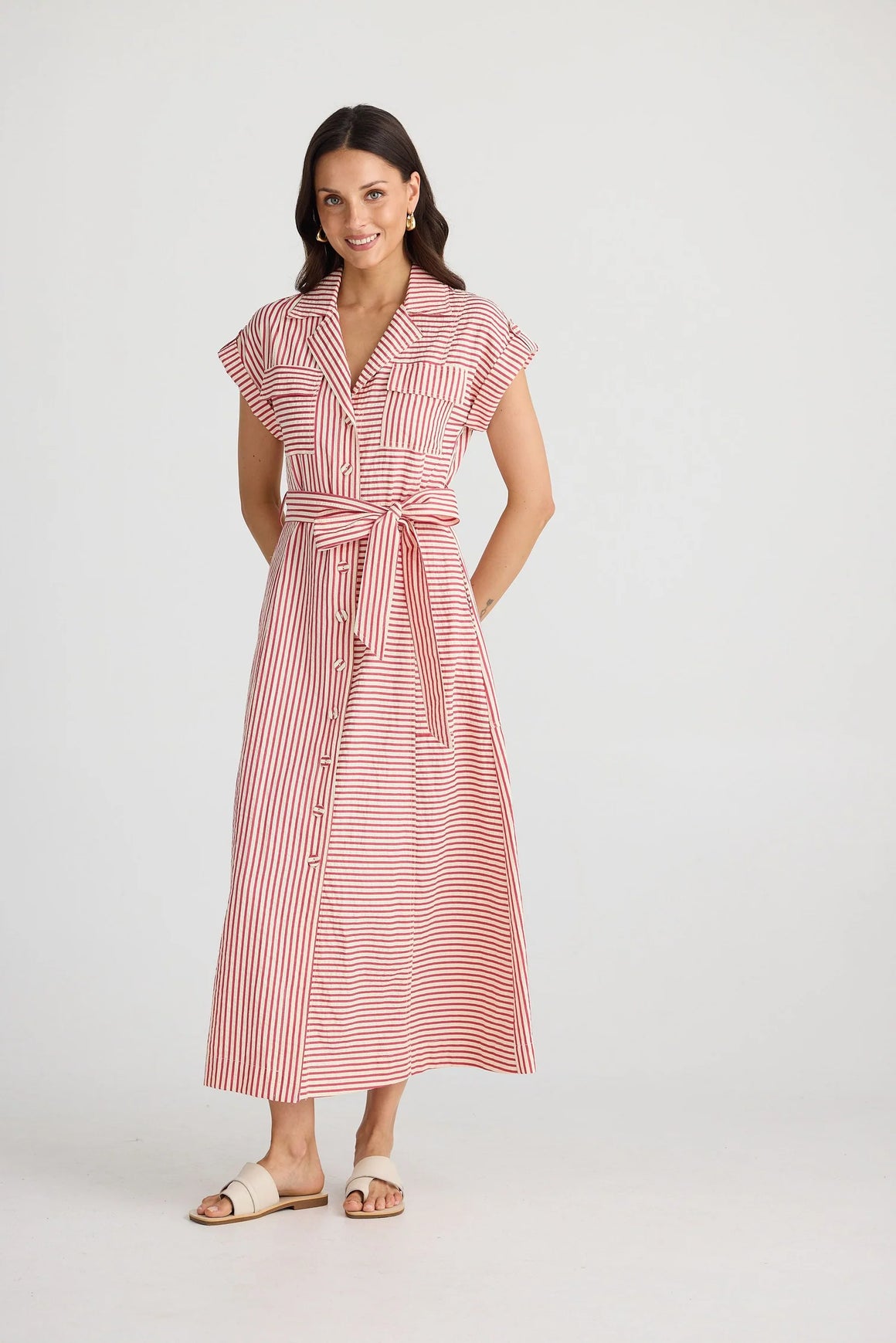 Portia Dress - Ecru / Red Stripe