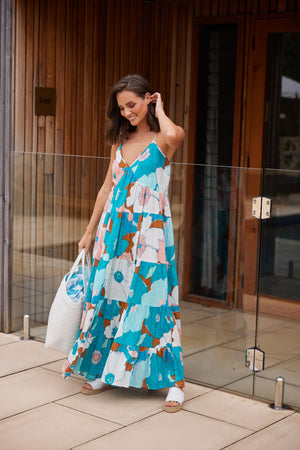 bold floral colourful print on cotton long dress with thin shoulder straps