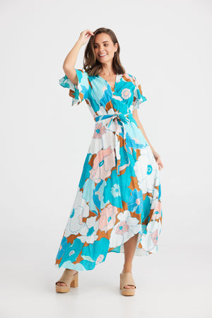 floral bold colourful print wrap cotton dress with short sleeves