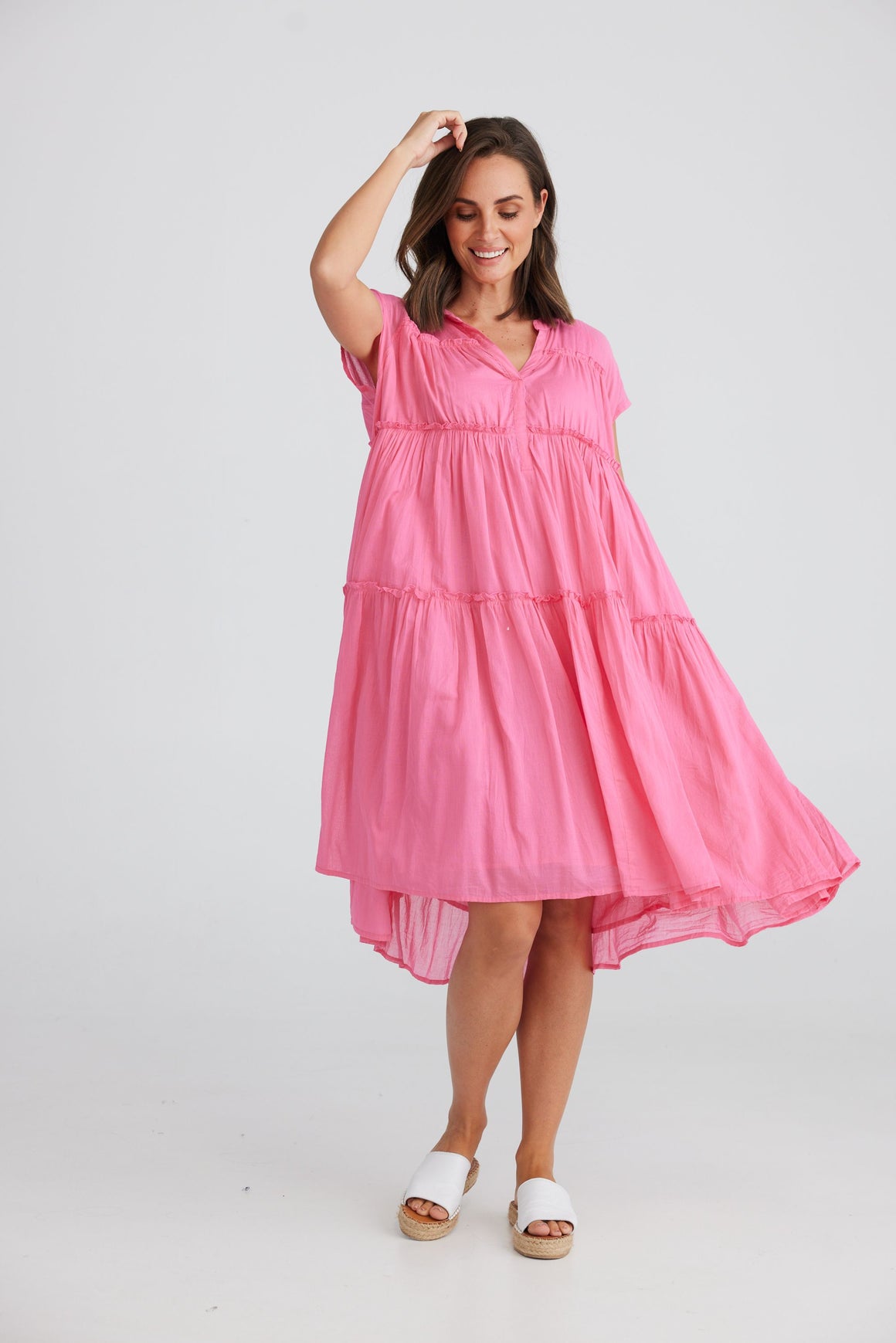 hot pink cotton loose summer dress knee length with ruffled tiered panels