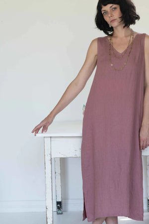 Dusty pink linen sleeveless shift midi length dress