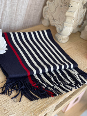 French Woollen Scarf - Striped Navy, White and Red
