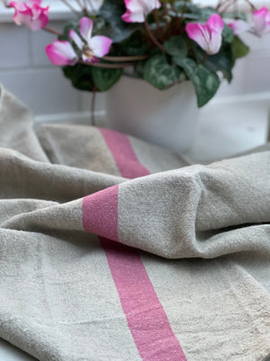 French Linen Tea Towel - Natural  with Light Red Grainsack Stripe