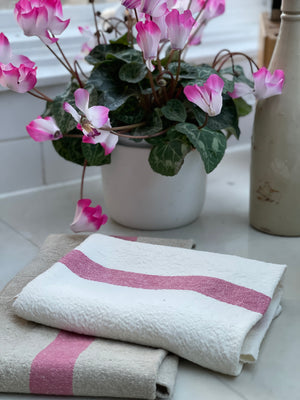 French Linen Tea Towel - White with Light Red Grainsack Stripe