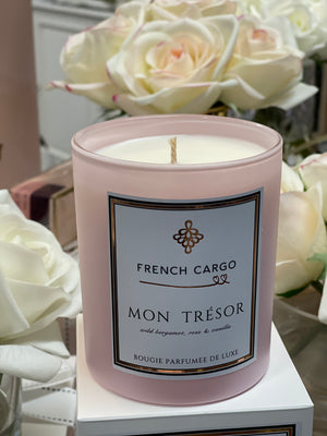 Mon Tresor means Treasure. Give a Mon Tresor Candle to someone that you treasure. Softly scented with Bergamot, Rose and Vanilla and presented in a light pink glass vase.  Comes gift boxed. Exclusive to French Cargo. Limited Edition.