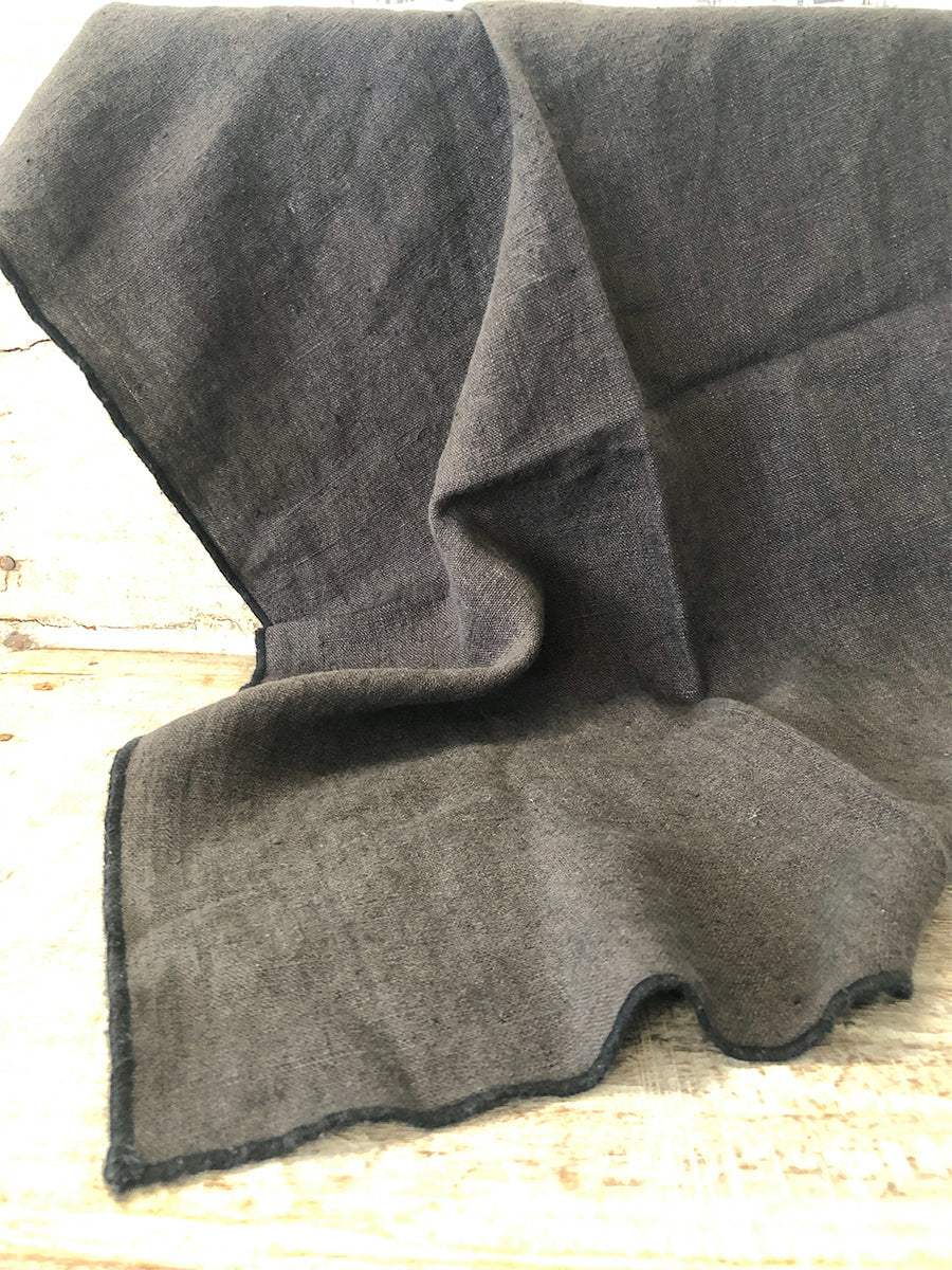 Charbon Brown 100% French Linen Tea Towel with black edging