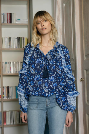 blue floral and paisley printed long sleeve blouse