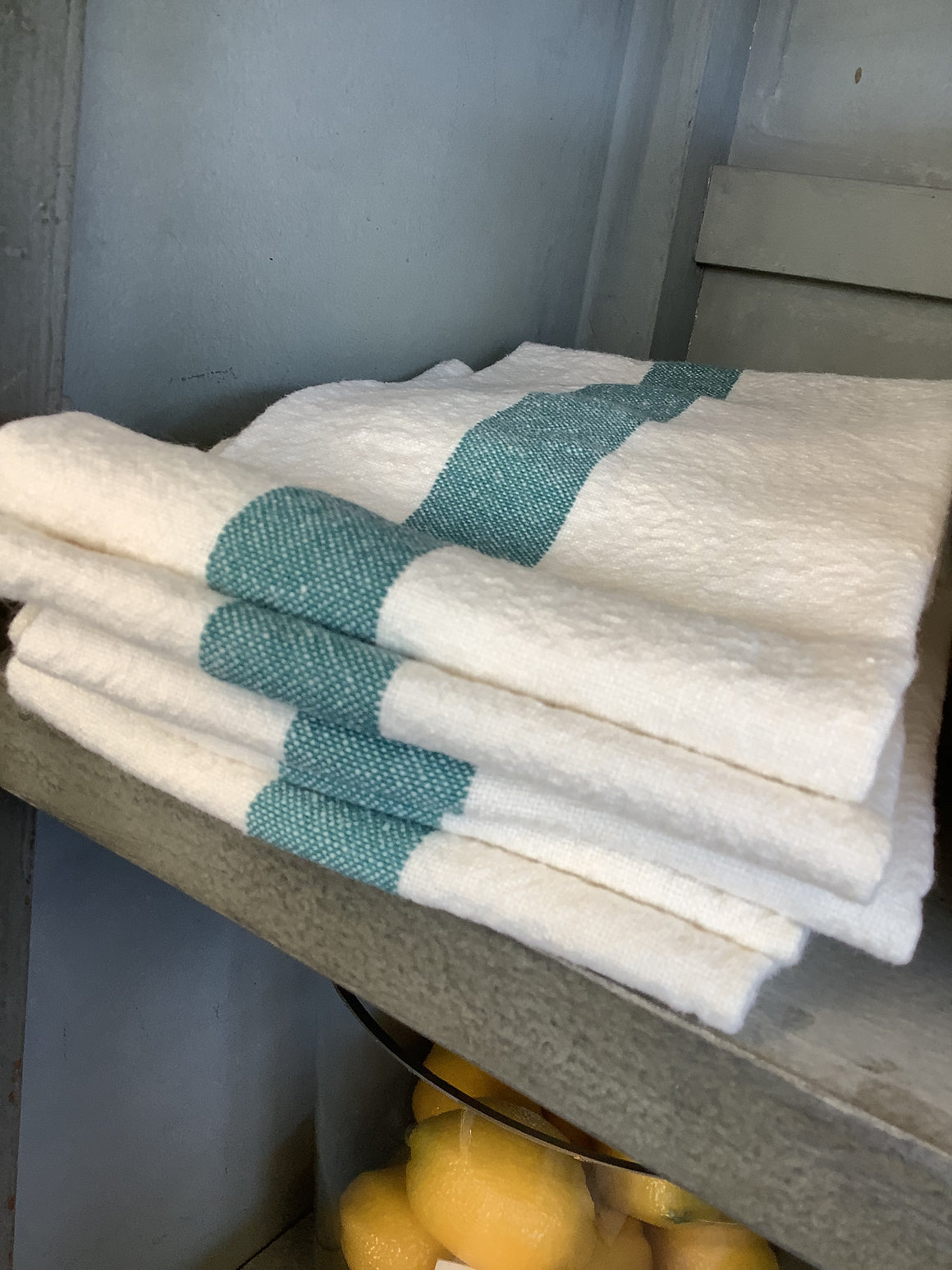 French Linen Tea Towel - White with Green Grainsack Stripe